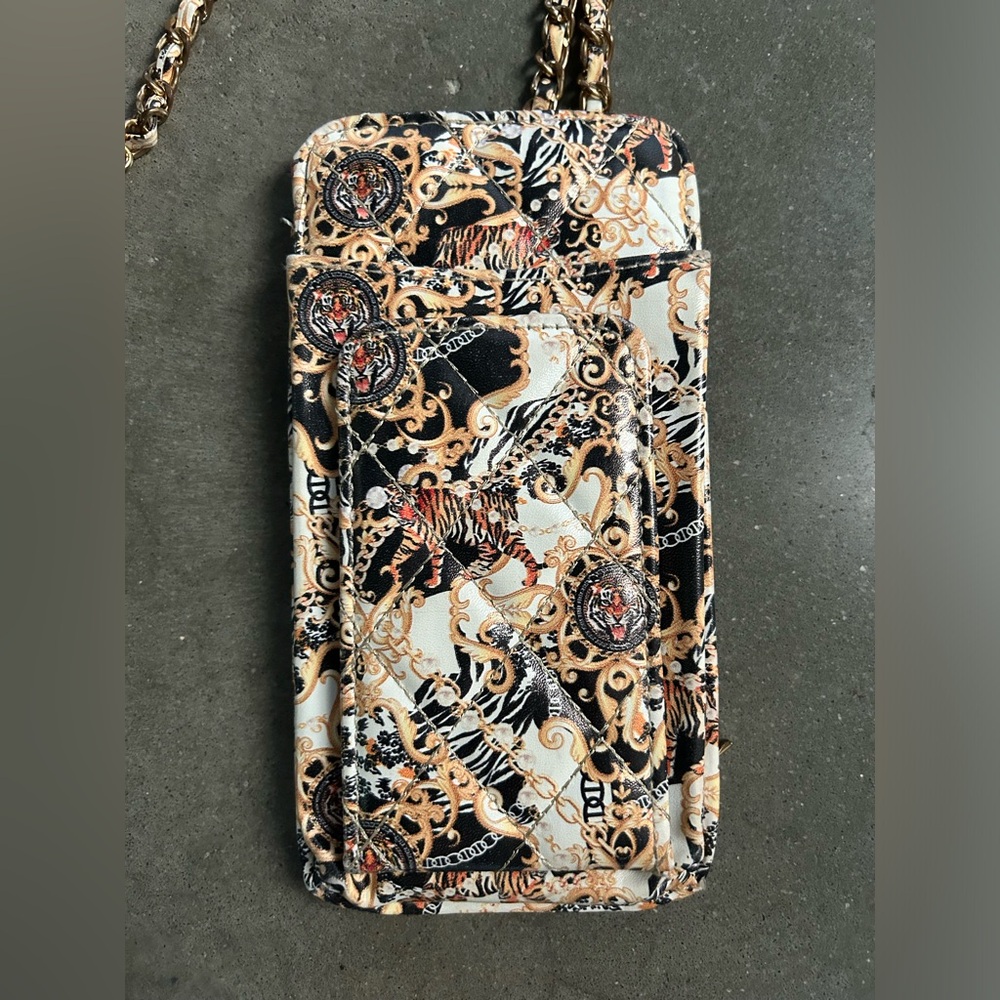 Handbag, Clutch, Wallet, W/Strap, Tiger Pattern Black, White Gold Versace imit.